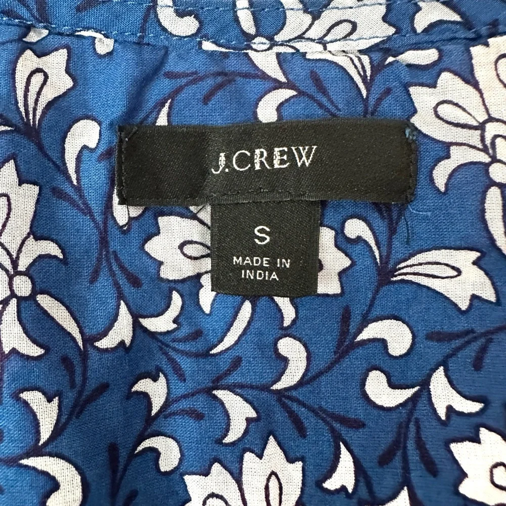 J. Crew Blue/White Cotton Voile Peasant Top with Pink Cross Stitch Embroidery